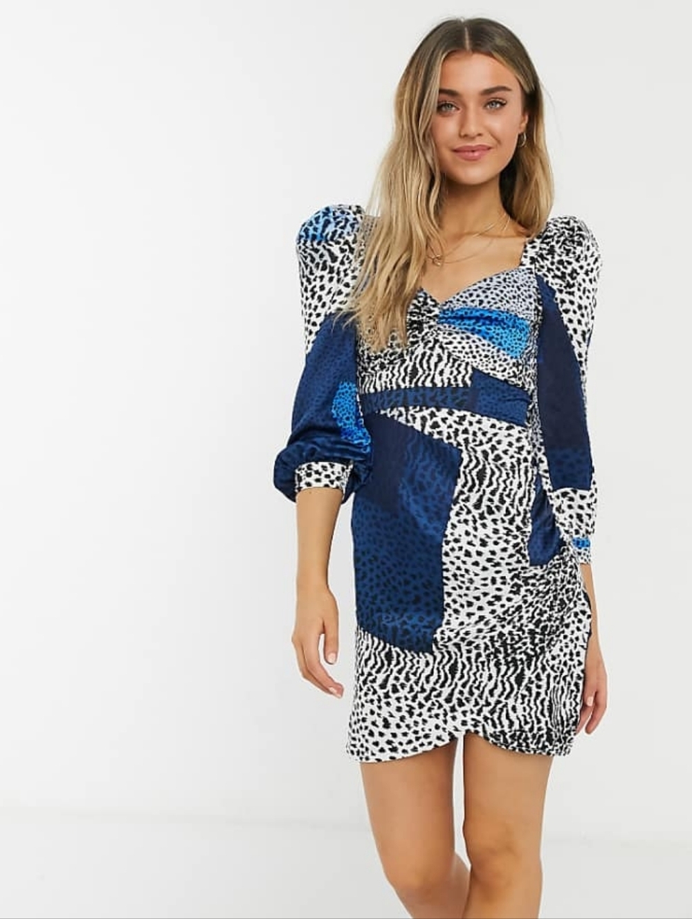 Liquorish milkmaid mini dress with ruched sleeves in blue square leopard print